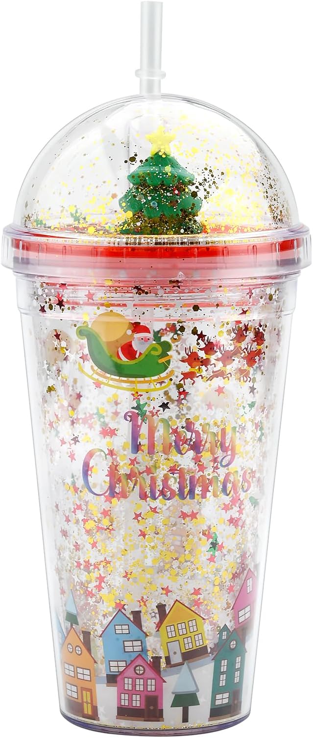 Weihnachts-wasserbecher, 450 Ml, Doppelwandiger Kunststoffbecher Mit Strohhalm Und Deckel Für Kaltes Wasser, Kaffee, Saft, Smoothies