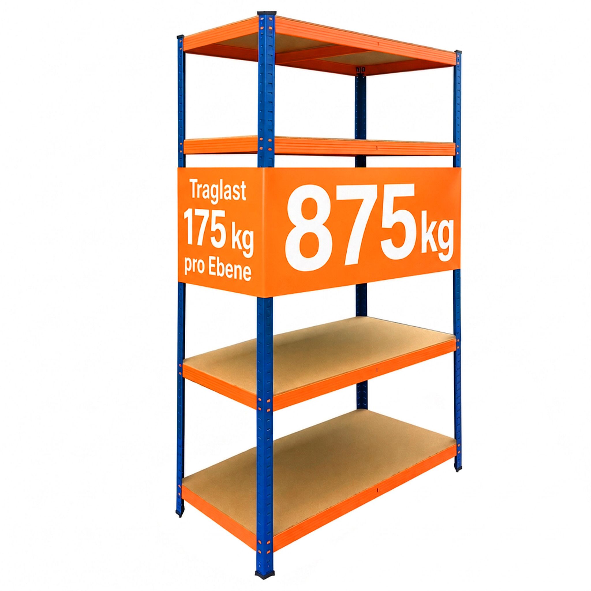 Relaxdays Schwerlastregal, Hbt: 200x120x50cm, Traglast 875 Kg, 5 Mdf-ebenen, Lagerregal Keller, Zum Stecken, Blau-orange