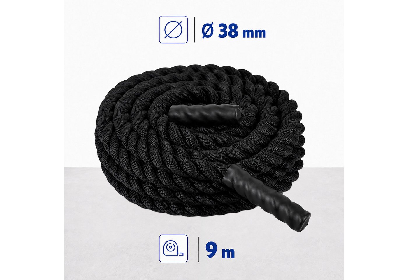Relaxdays, Battle Rope, Länge 9 M, Ø 3,8 Cm, Rutschhemmende Griffe, Kraft & Ausdauertraining, Trainingsseil, Schwarz