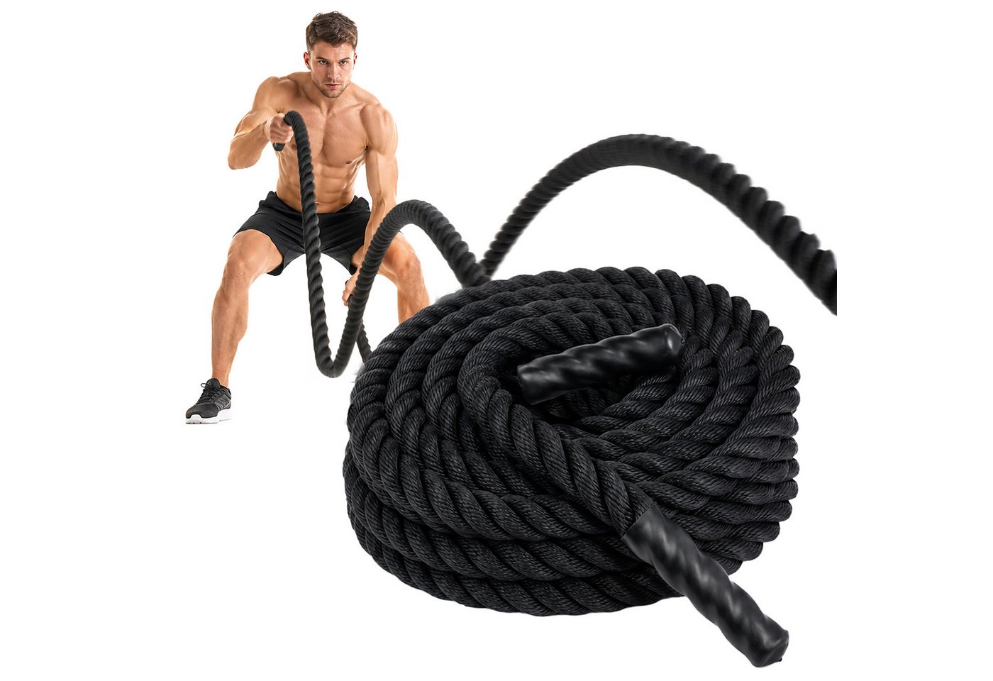 Relaxdays, Battle Rope, Länge 9 M, Ø 3,8 Cm, Rutschhemmende Griffe, Kraft & Ausdauertraining, Trainingsseil, Schwarz Bild 3