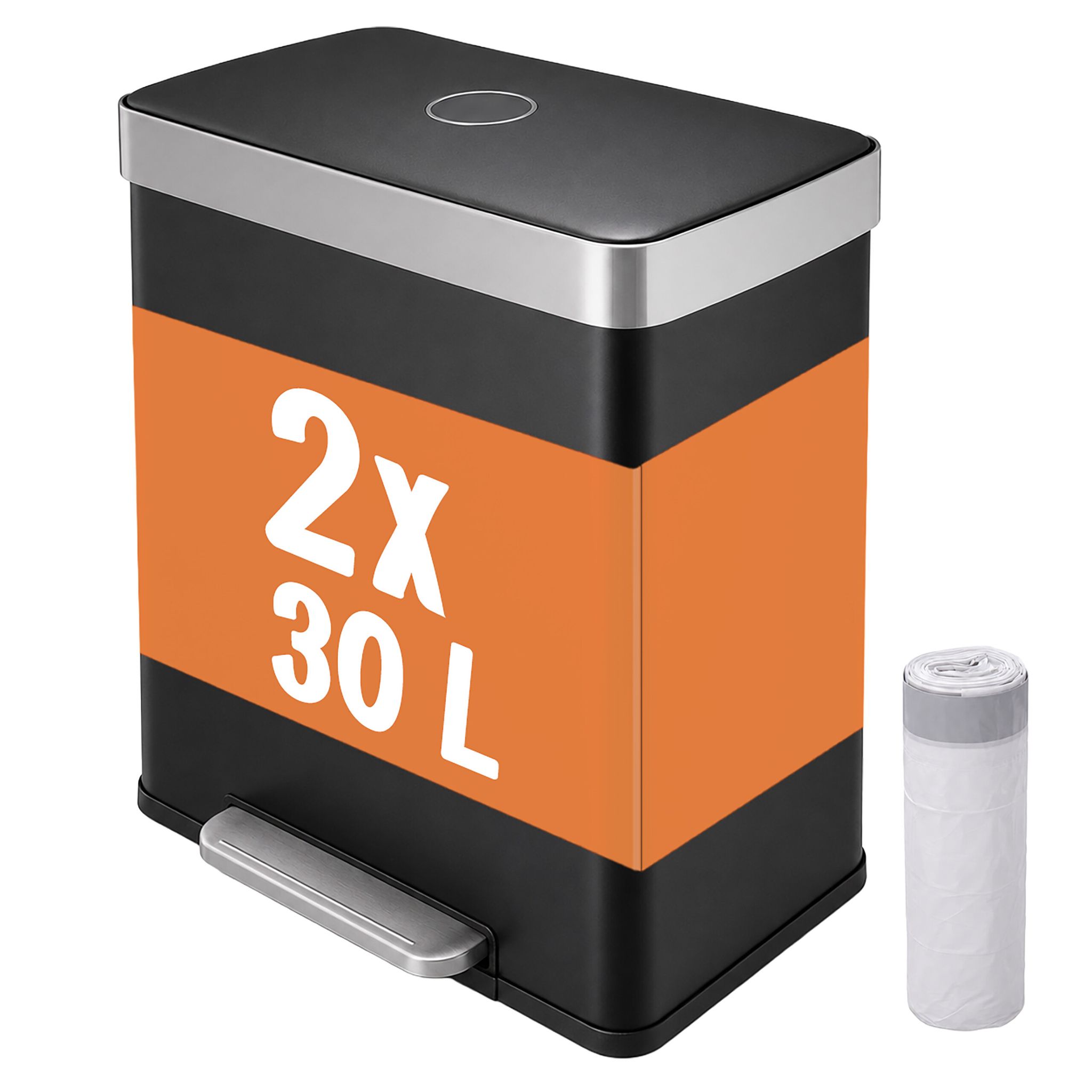 Relaxdays Mülleimer, 2 Fächer, 2x30 L, Entnehmbare Inneneimer, Softclose, Fußpedal, Edelstahl, Treteimer Küche, Schwarz