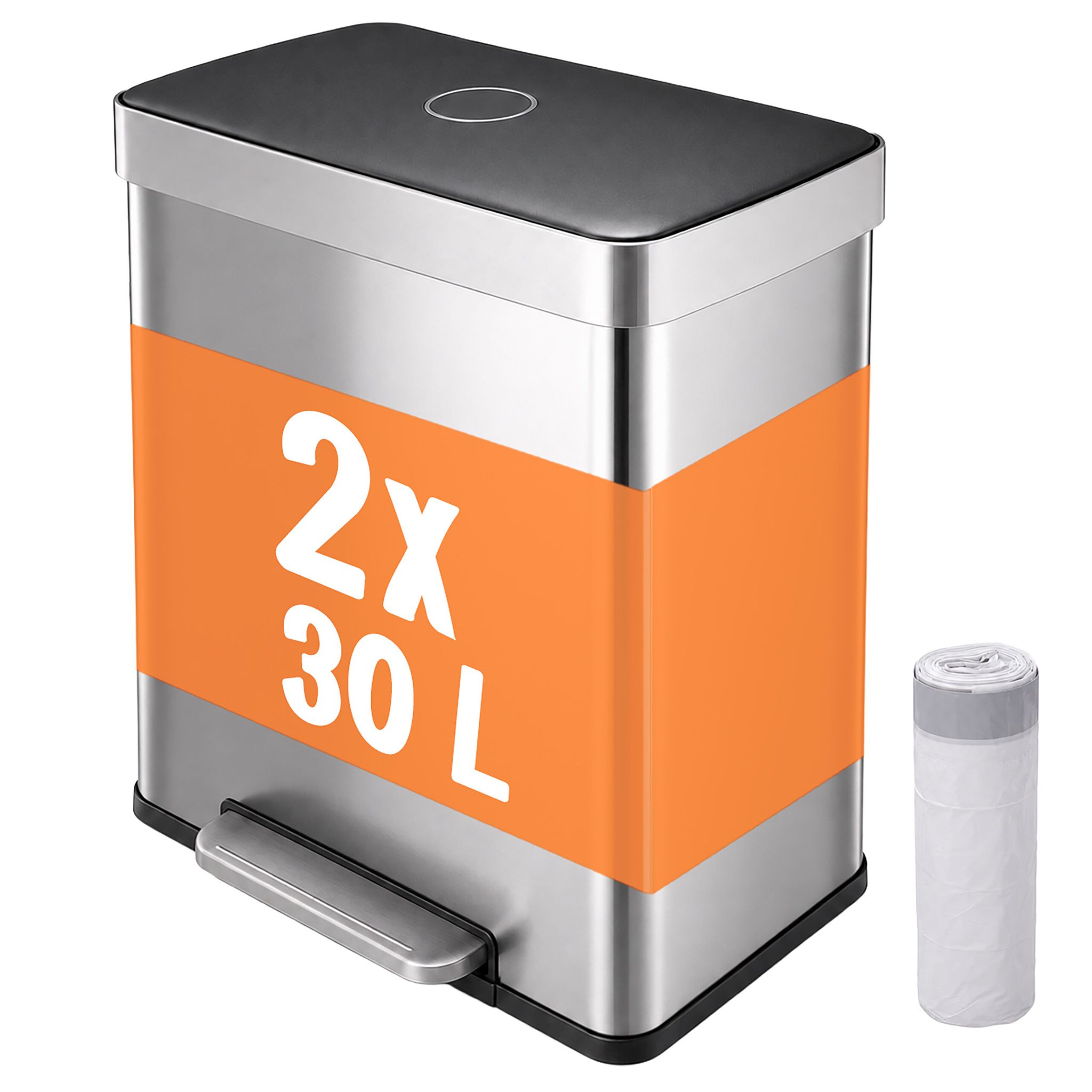 Relaxdays Mülleimer, 2 Fächer, 2x30 L, Entnehmbare Inneneimer, Softclose, Fußpedal, Edelstahl, Treteimer Küche, Silber