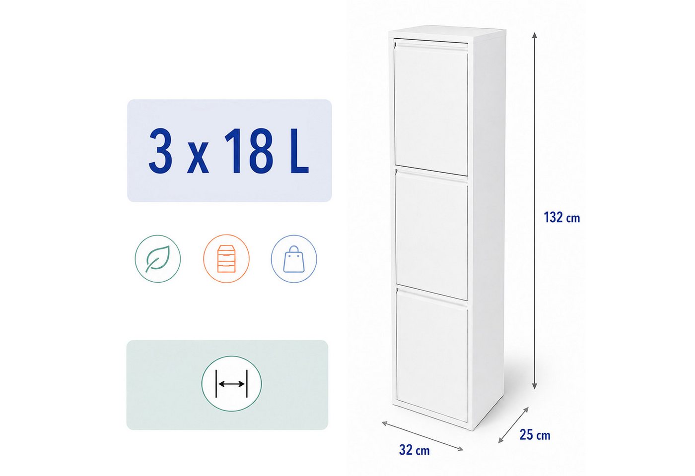 Relaxdays Mülleimer, 3 Fächer, 3x18 L, Aufklappbar, Entnehmbare Inneneimer, Metall, Stehend Oder Wandmontage, Weiß Bild 5