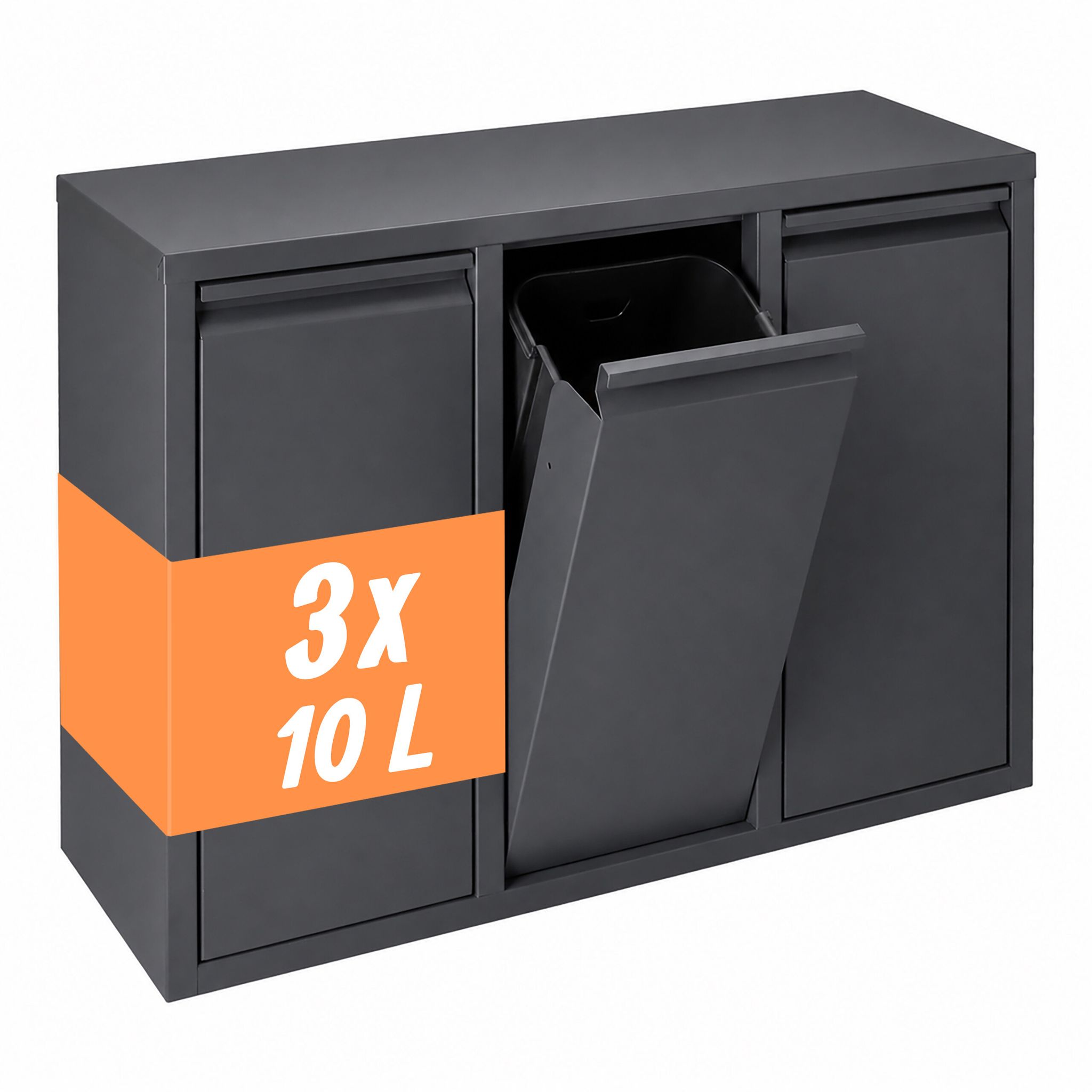 Relaxdays Mülleimer, 3 Fächer, 3x10 L, Aufklappbar, Entnehmbare Inneneimer, Metall, Stehend Oder Wandmontage, Anthrazit