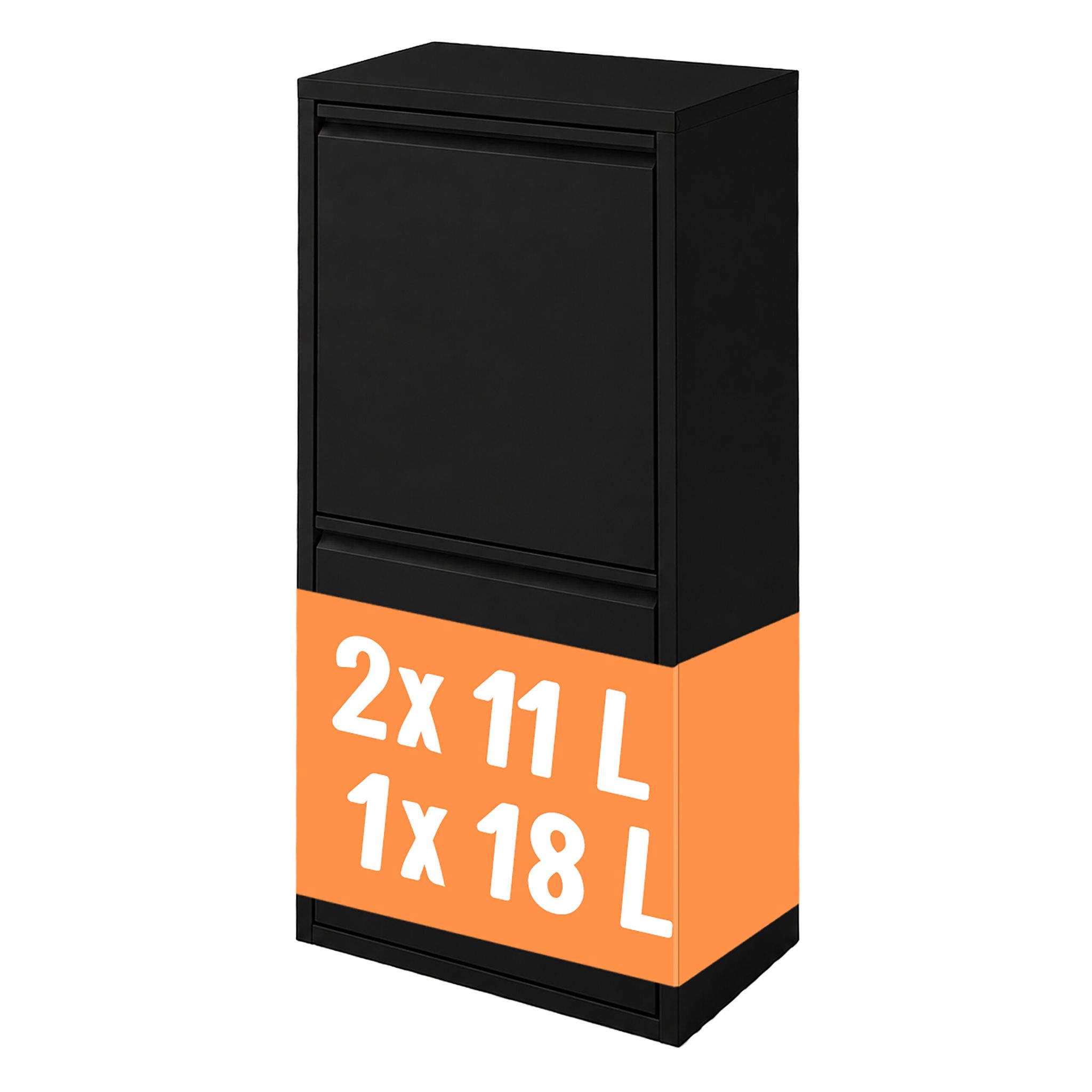 Relaxdays Mülleimer, 3 Fächer, 18l, 2x 11l, Aufklappbar, Entnehmbare Inneneimer, Metall, Stehend, Wandmontage, Schwarz