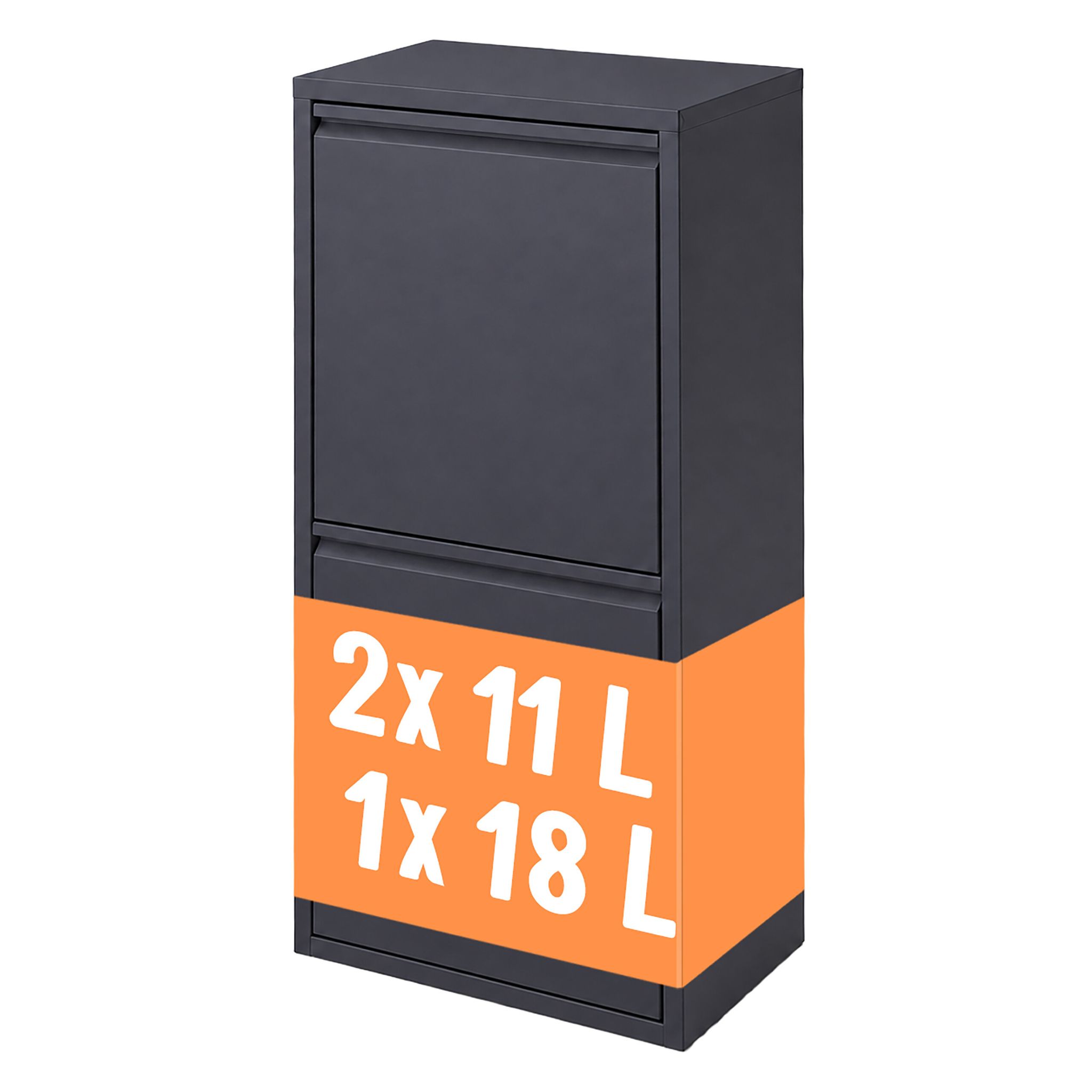 Relaxdays Mülleimer, 3 Fächer, 18l, 2x 11l, Aufklappbar, Entnehmbare Inneneimer, Metall, Stehend, Wandmontage, Anthrazit