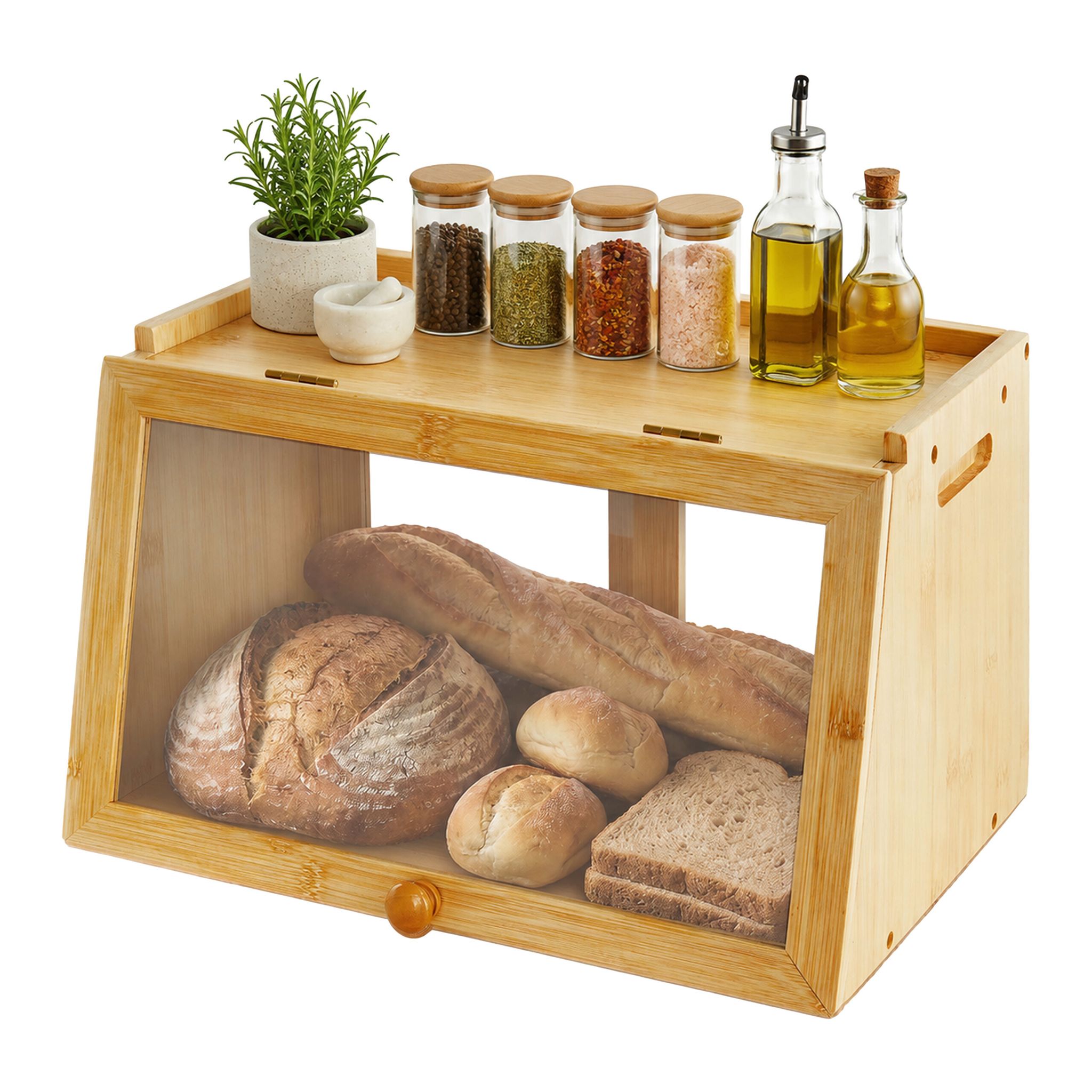 Relaxdays Brotkasten Bambus, Frontklappe & Schiebetür, Doppelseitiger Zugriff, Hbt: 23x39x26 Cm, Brotbox, Natur