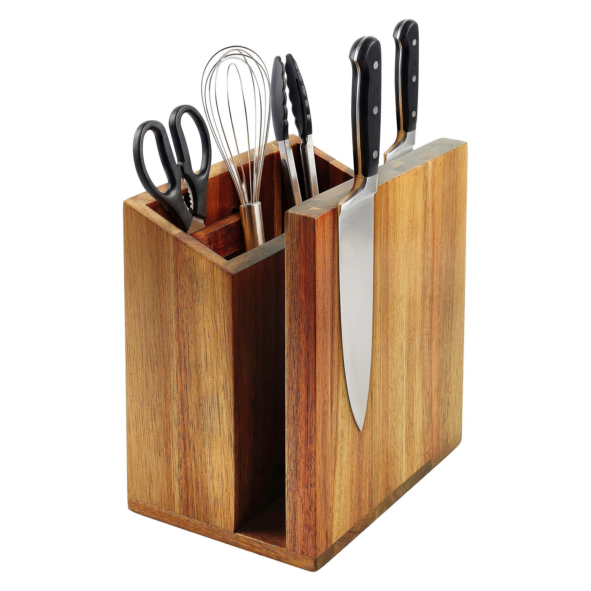 Relaxdays Messerblock Magnetisch, Doppelseitig, Utensilienhalter, Akazie, Hxbxt: 21,5 X 19 X 13 Cm, Messerständer, Braun