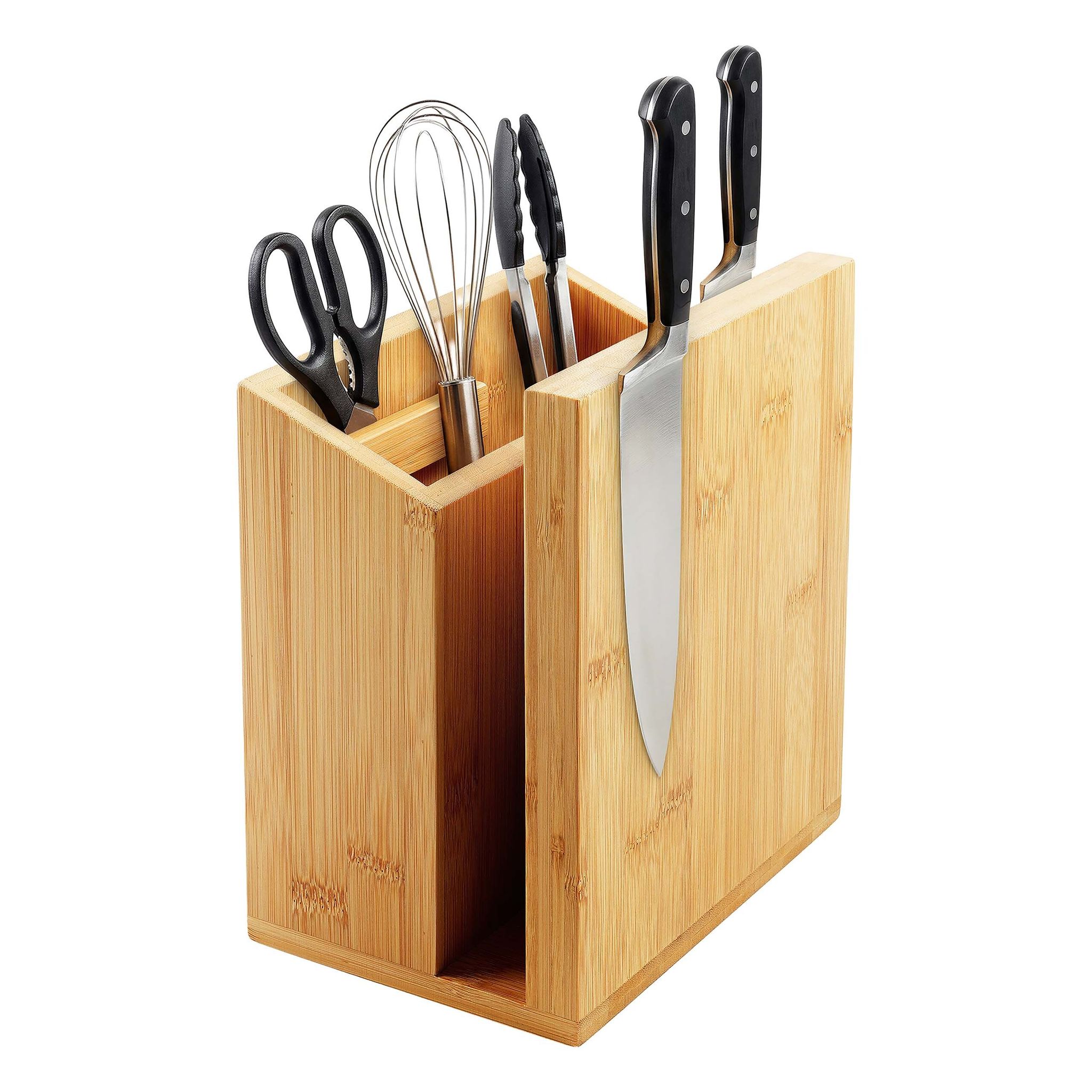 Relaxdays Messerblock Magnetisch, Doppelseitig, Utensilienhalter, Bambus, Hxbxt: 21,5 X 19 X 13 Cm, Messerständer, Natur