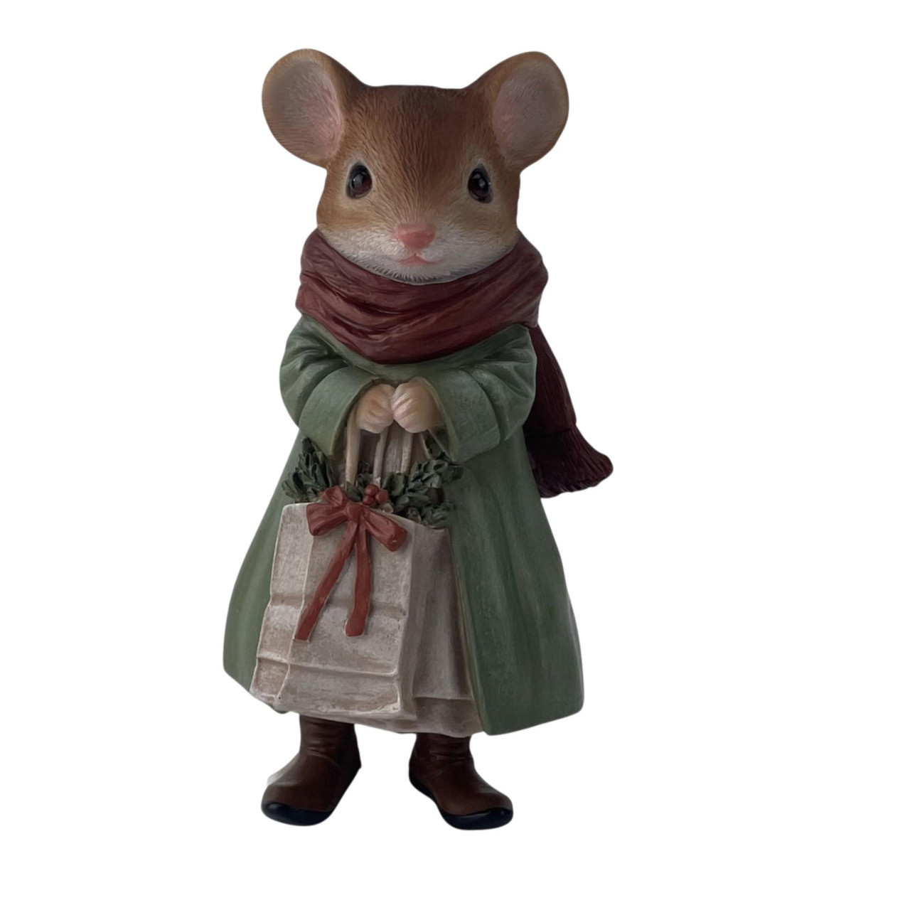 Dekofigur Maus mit Tasche klein 19 x 10 cm braun/grün