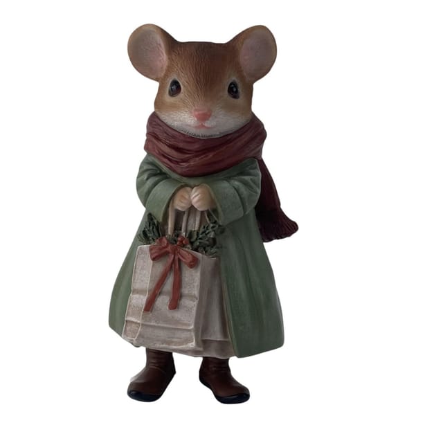 Dekofigur Maus mit Tasche klein 19 x 10 cm braun/grün