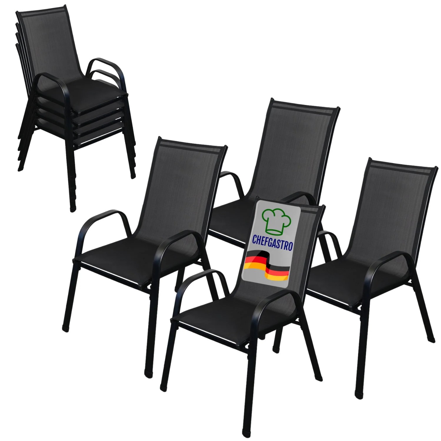 CHEFGASTRO Stapelstuhl 4er Set Mit Armlehnen & Hohe Rückenlehne 93x69x61cm Sitzhöhe 43cm Stahl Schwarz Gartenstuhl