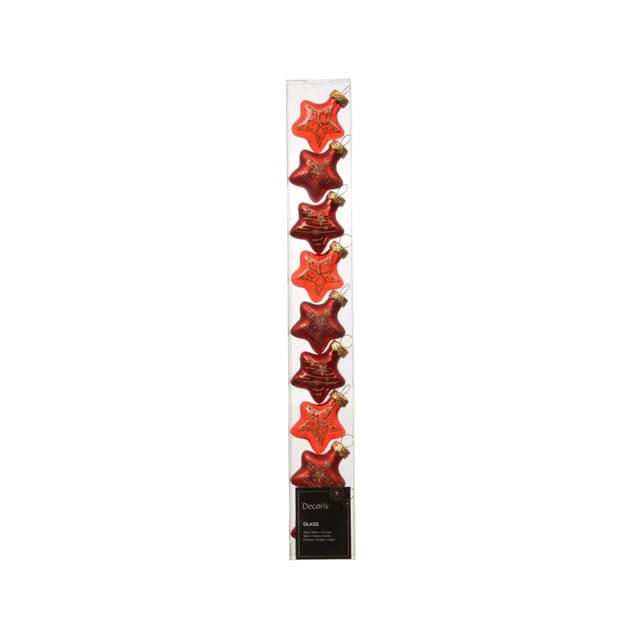 Decoris Baumschmuck Stern-Anhänger Glas 3 Designs 1,3 cm x 3 cm Hellrot 9-teilig