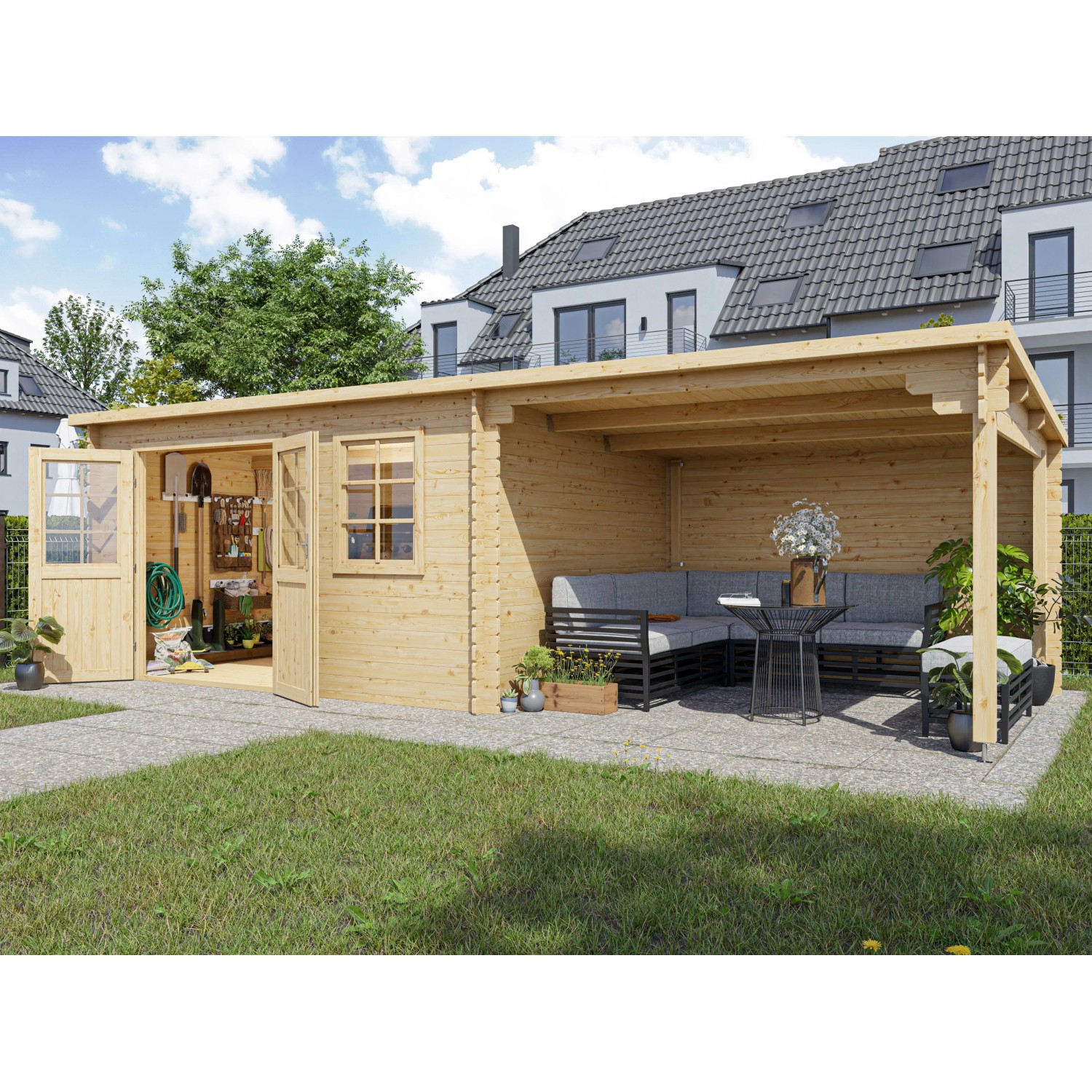Woodtex Gartenhaus Blockbohlenhaus CA2987 28 mm Naturbelassen mit 3 m Anbau