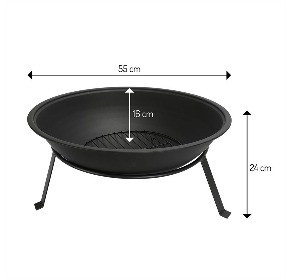 ADLER EUROPE Feuerschale AD 6818 Garten-Feuerstelle aus pulverbeschichtetem Stahl mit Rost, Feuerkorb für Garten und Terrasse, hitzebeständig bis 500°C, Schwarz