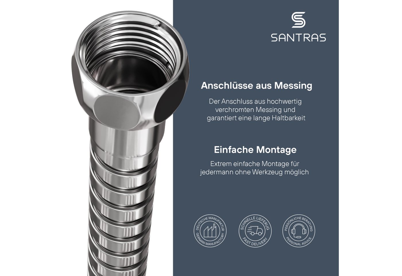 Santras Brauseschlauch Duschschlauch aus Metall 1/2" in Chrom (0,50 - 1,00 m)