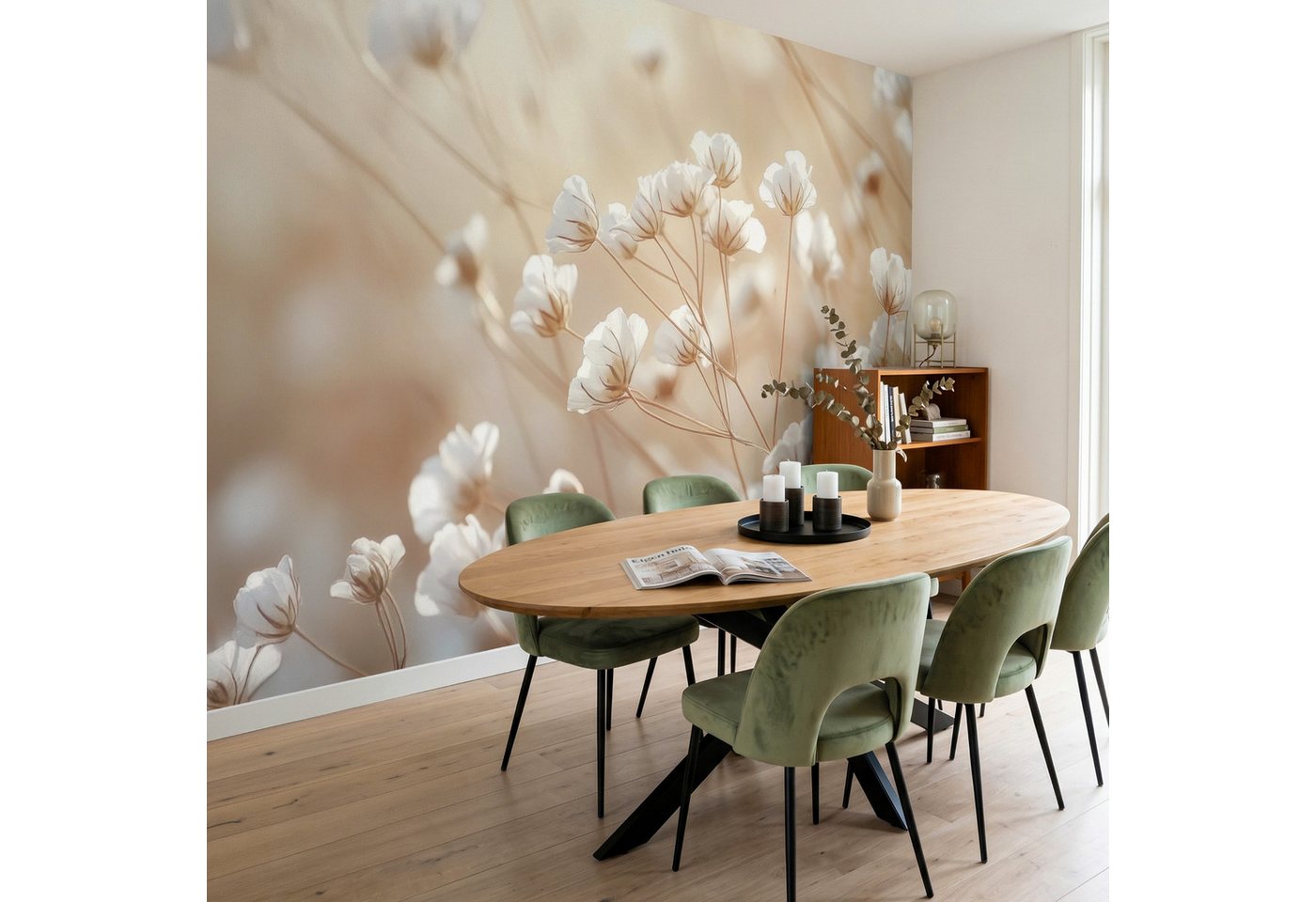 OnlyWow Fototapete Wild - Blumen - Weiß, Matt, bedruckt, Wohnzimmer, Modern, Wanddekoration, Vliestapete 100x70cm Bild 2