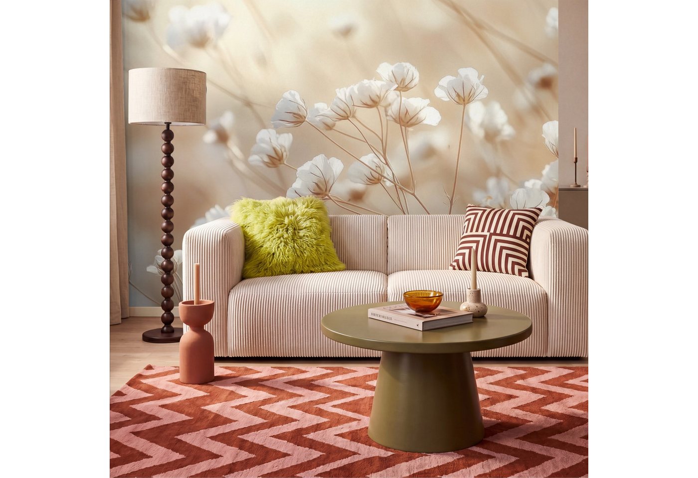 OnlyWow Fototapete Wild - Blumen - Weiß, Matt, bedruckt, Wohnzimmer, Modern, Wanddekoration, Vliestapete 100x70cm Bild 3