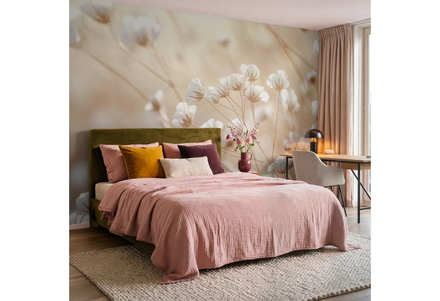 OnlyWow Fototapete Wild - Blumen - Weiß, Matt, bedruckt, Wohnzimmer, Modern, Wanddekoration, Vliestapete 100x70cm Bild 4