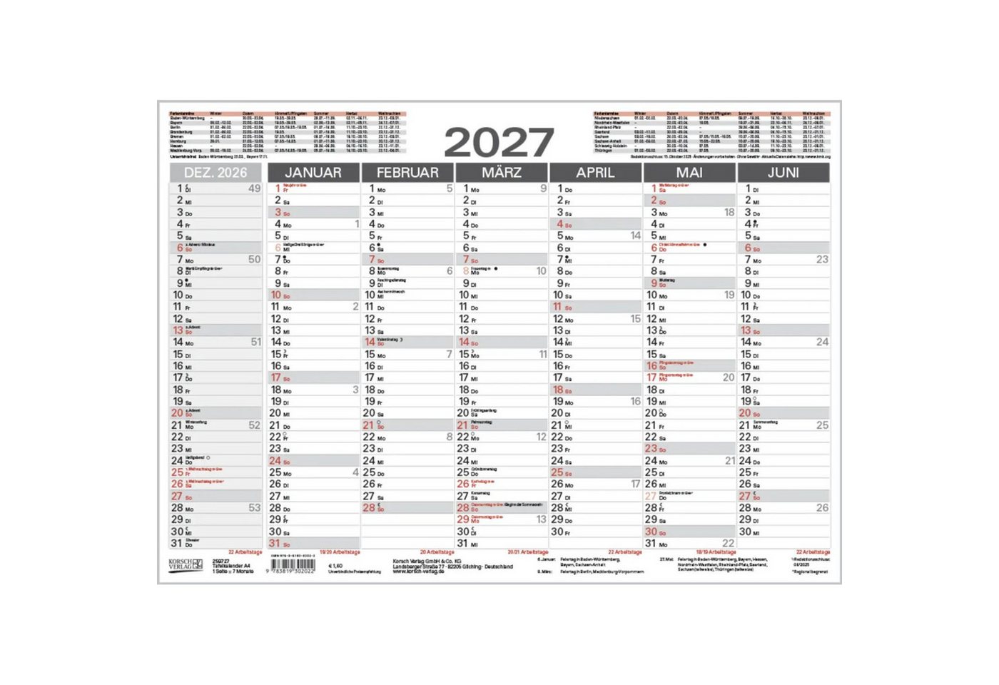 Korsch Verlag Wandkalender Tafelkalender A4 2027 Bild 2