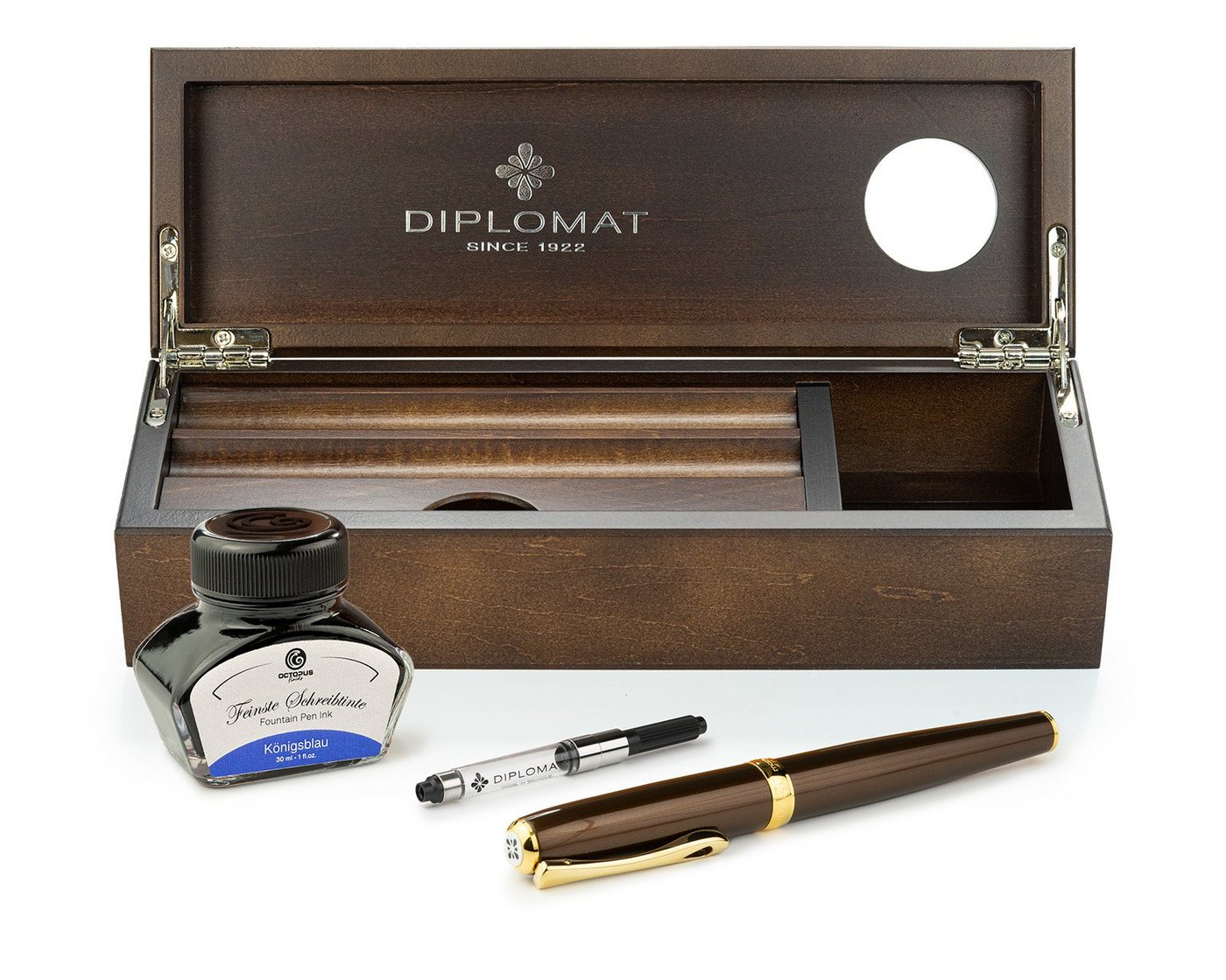 DIPLOMAT Füllhalter Füllhalter Diplomat Excellence A2 Marrakesh vergoldet Wenge-Holz, (Komplett-Set mit Tintenkonverter, Schreibtinte Königsblau von Octopus Fluids und Wenge Holzetui), MADE IN GERMANY Bild 2