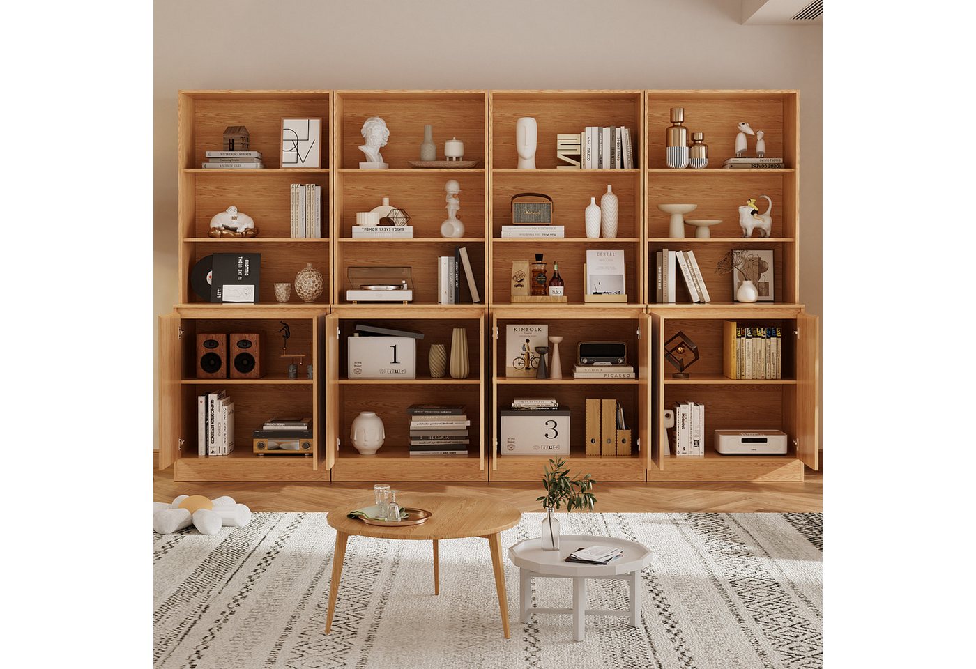 VOWNER Bücherregal 5-stöckig mit 2 Holztüren, 180 cm hoher Standregal mit offenen Fächern, 4-tlg., Mehrzweckschrank, Wohnzimmerschrank, Küchenregal, Sideboard