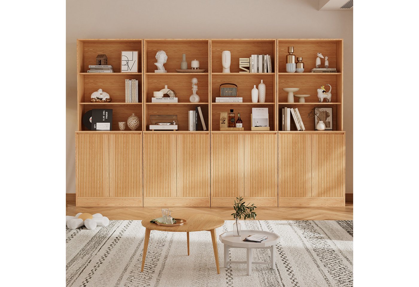 VOWNER Bücherregal 5-stöckig mit 2 Holztüren, 180 cm hoher Standregal mit offenen Fächern, 4-tlg., Mehrzweckschrank, Wohnzimmerschrank, Küchenregal, Sideboard Bild 2