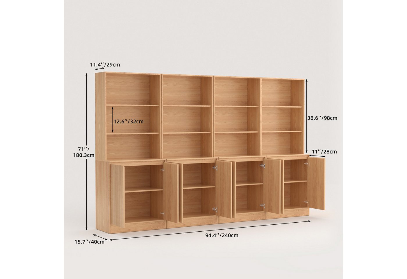 VOWNER Bücherregal 5-stöckig mit 2 Holztüren, 180 cm hoher Standregal mit offenen Fächern, 4-tlg., Mehrzweckschrank, Wohnzimmerschrank, Küchenregal, Sideboard Bild 4