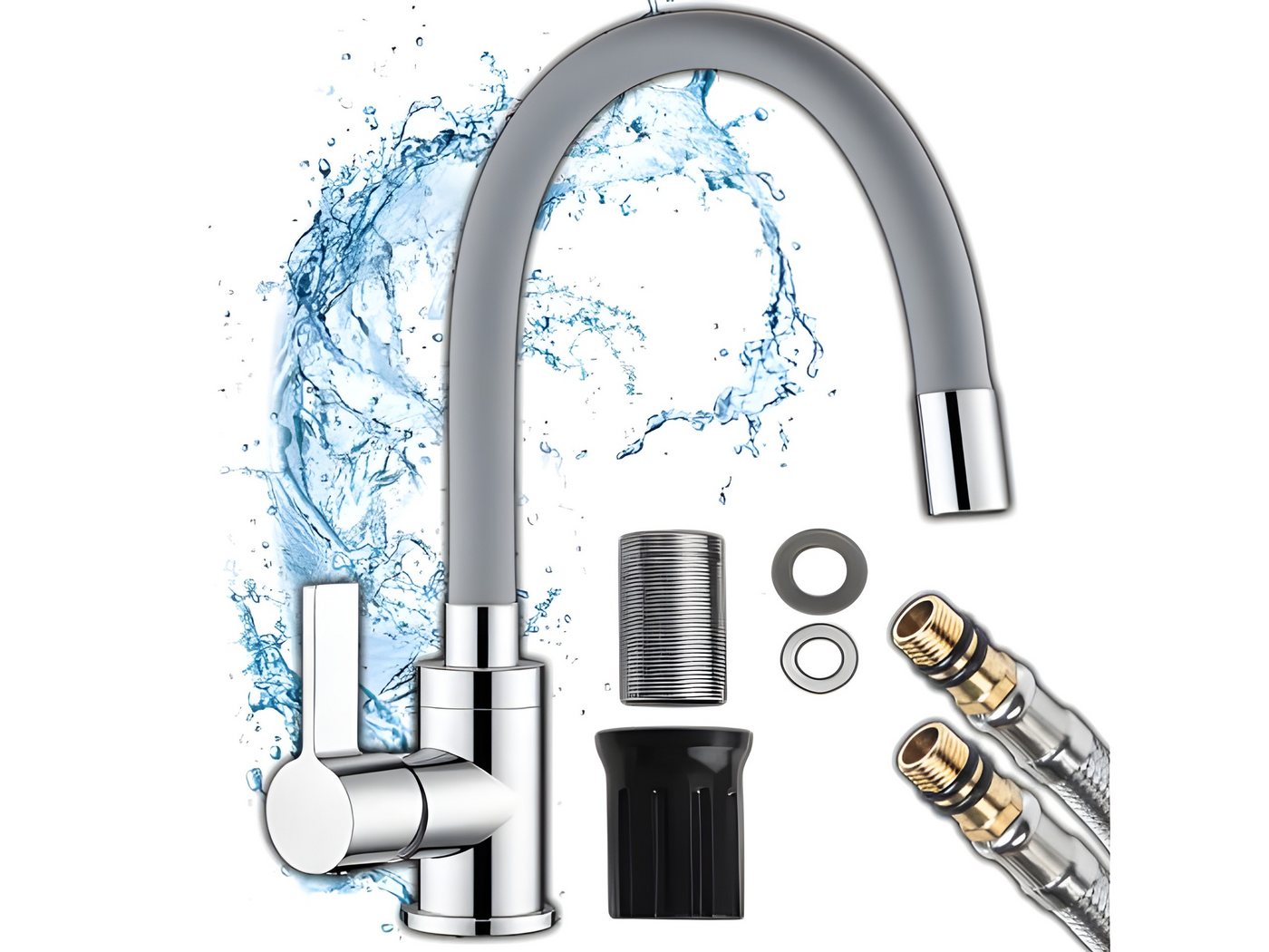 Retoo Küchenarmatur Küchenarmatur mit flexiblem Silikonschlauch und 360° Auslauf (Küchenarmatur, Küchenwasserhahn mit Montagezubehör) 360° schwenkbarer Auslauf, flexible Höhe, Einhebelbedienung Bild 2