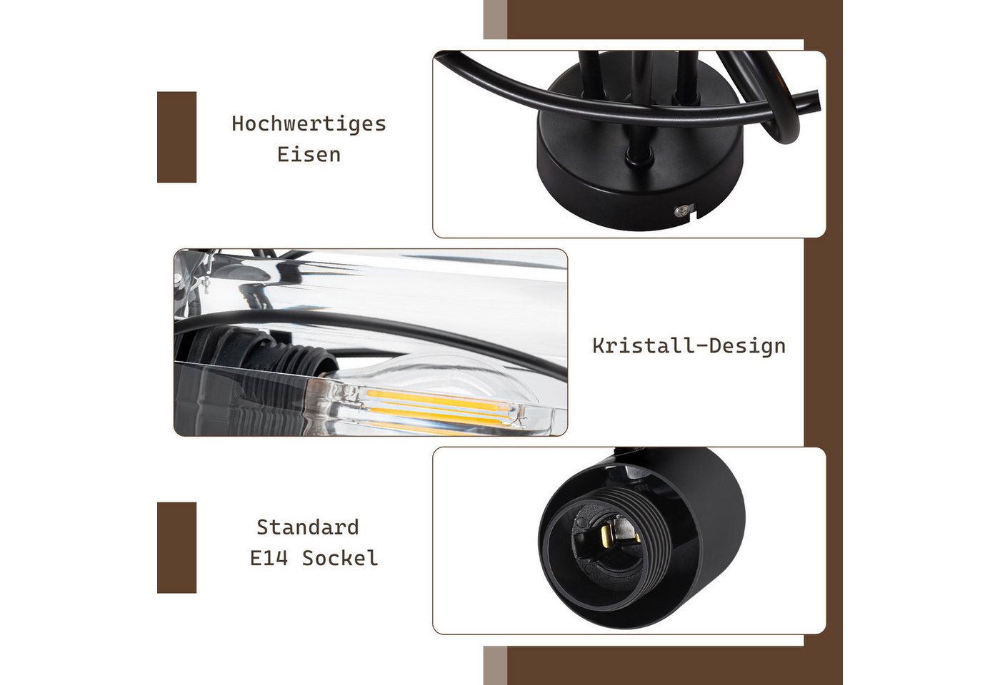 ZMH Deckenstrahler E14 Retro Deckenleuchte mit Kristall-Lampenschirm, 350° schwenkbar, Einfache Installation, ohne Leuchtmittel, Deckenlampe für Wohnzimmer Schlafzimmer Flur