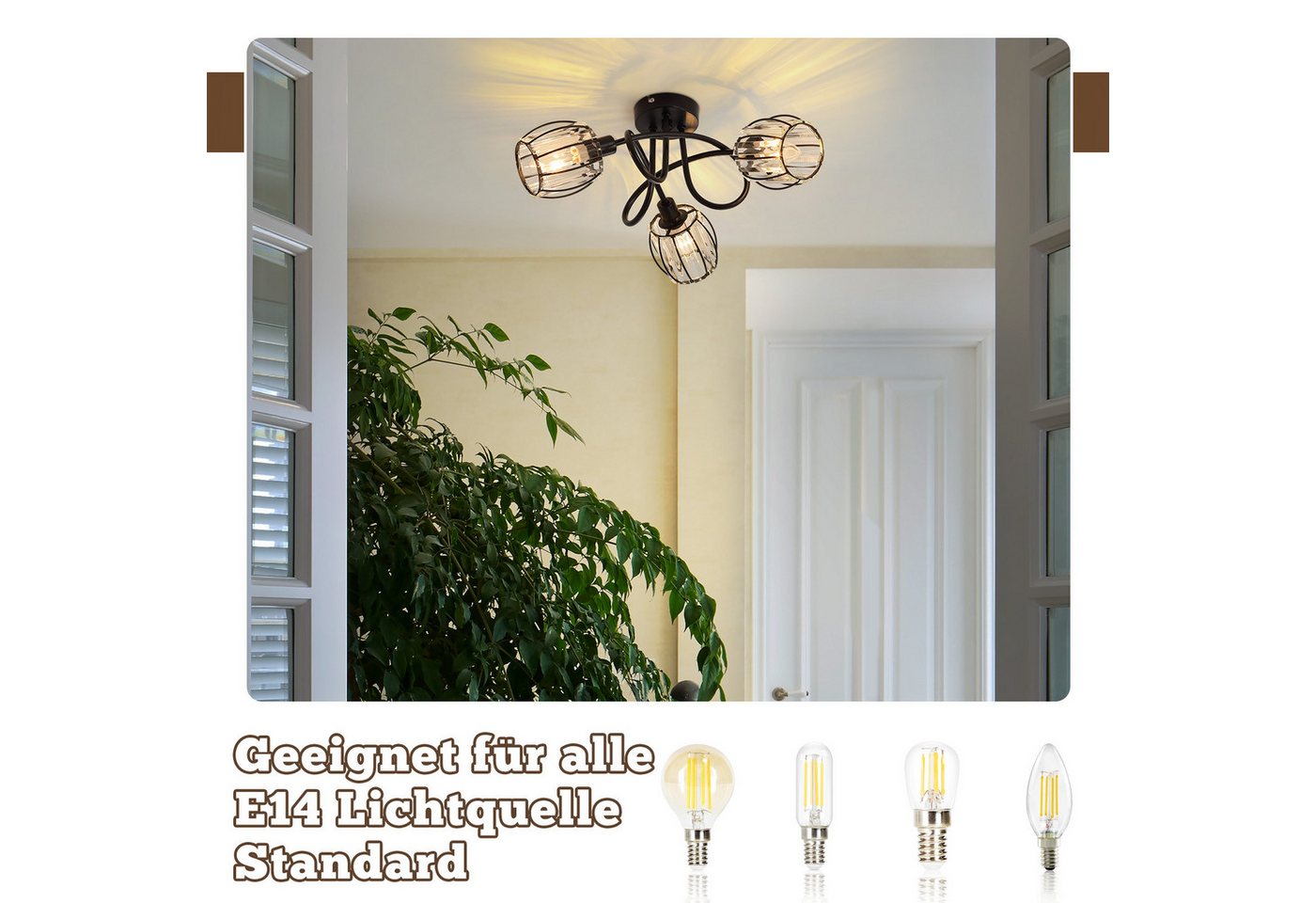 ZMH Deckenstrahler E14 Retro Deckenleuchte mit Kristall-Lampenschirm, 350° schwenkbar, Einfache Installation, ohne Leuchtmittel, Deckenlampe für Wohnzimmer Schlafzimmer Flur Bild 4