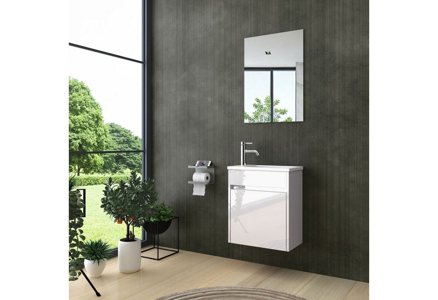 inter Badmöbel-Set 3 tlg. Badezimmer Möbel Badschrank mit Spiegel, (Komplett Set, Unterschrank mit Spiegel), Hochglanz, Matt