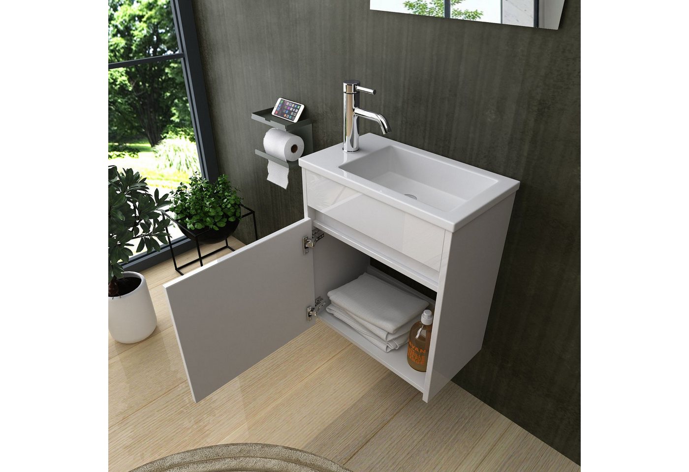 inter Badmöbel-Set 3 tlg. Badezimmer Möbel Badschrank mit Spiegel, (Komplett Set, Unterschrank mit Spiegel), Hochglanz, Matt Bild 3