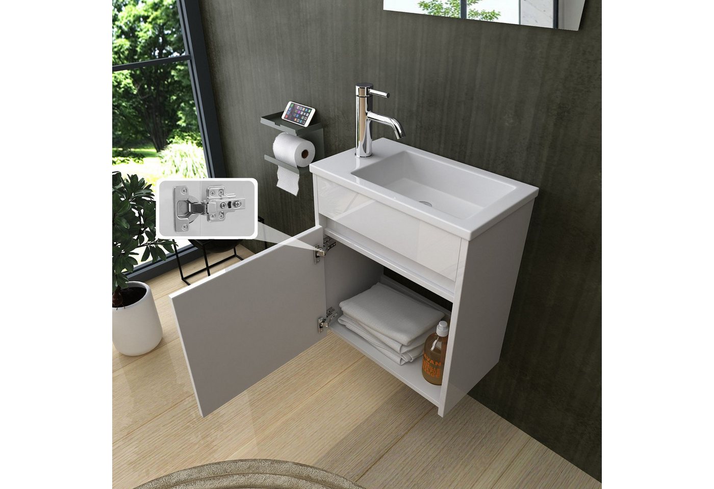 inter Badmöbel-Set 3 tlg. Badezimmer Möbel Badschrank mit Spiegel, (Komplett Set, Unterschrank mit Spiegel), Hochglanz, Matt Bild 4