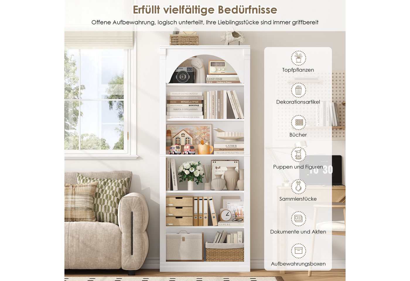 Homfa Bücherregal gewölbtes Bücherschrank, Standregal mit 6 Fächern 75x28x186cm Weiß