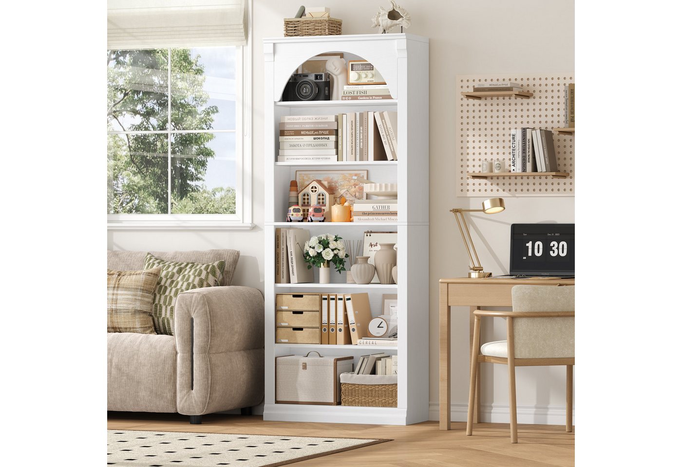 Homfa Bücherregal gewölbtes Bücherschrank, Standregal mit 6 Fächern 75x28x186cm Weiß Bild 2