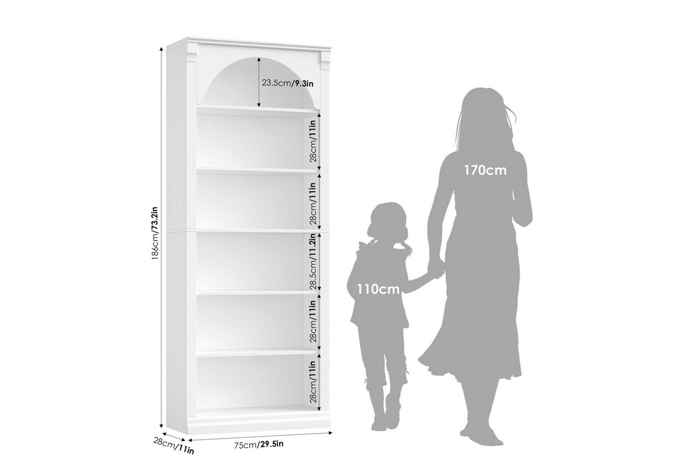 Homfa Bücherregal gewölbtes Bücherschrank, Standregal mit 6 Fächern 75x28x186cm Weiß Bild 5