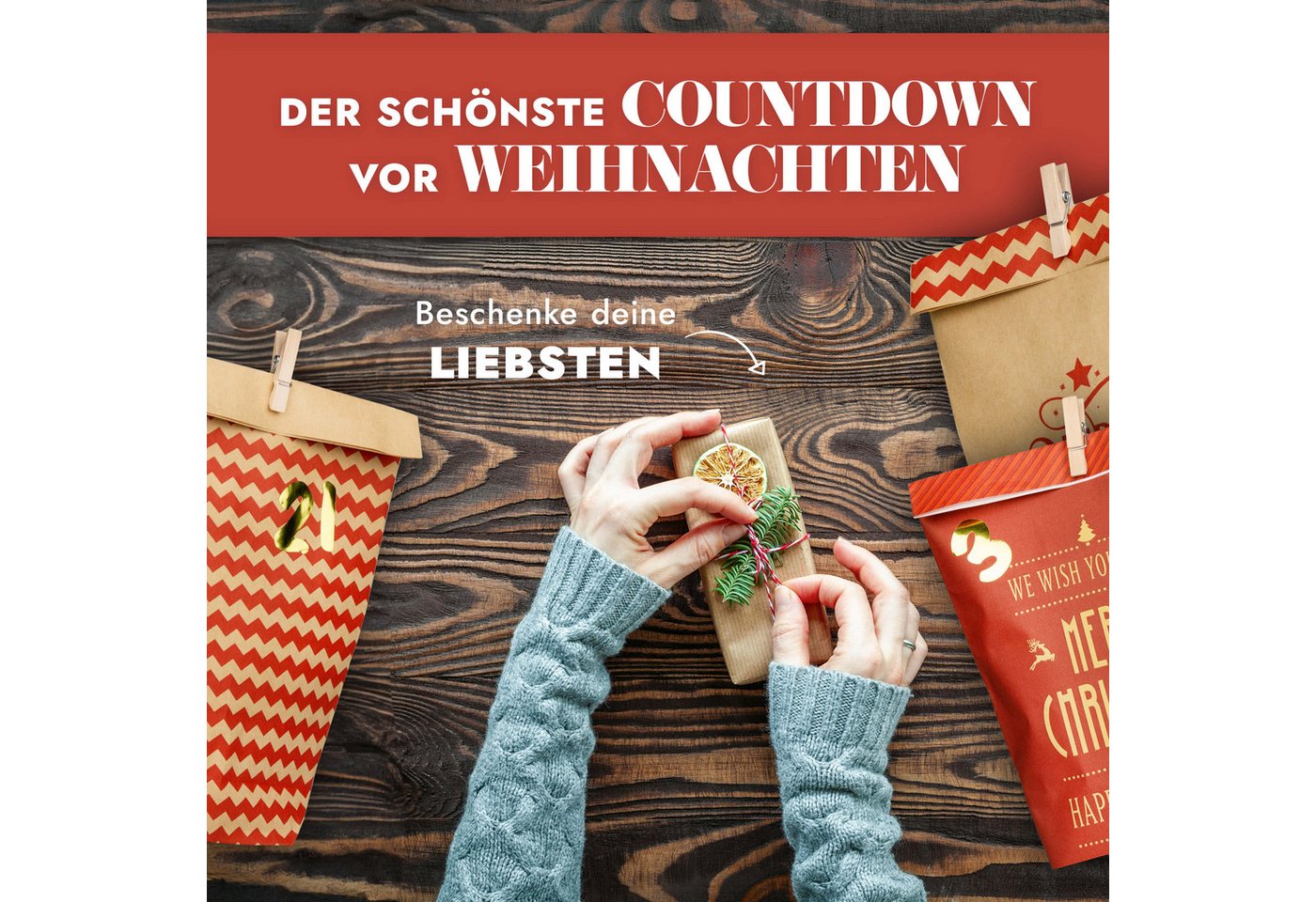 Amari befüllbarer Adventskalender Adventskalender zum Befüllen 2026, 24 Papiertüten 14×22 cm mit Zahlen (DIY Set, 72-tlg), Designs für Kinder & Erwachsene, wiederverwendbar, Ideen zum Befüllen