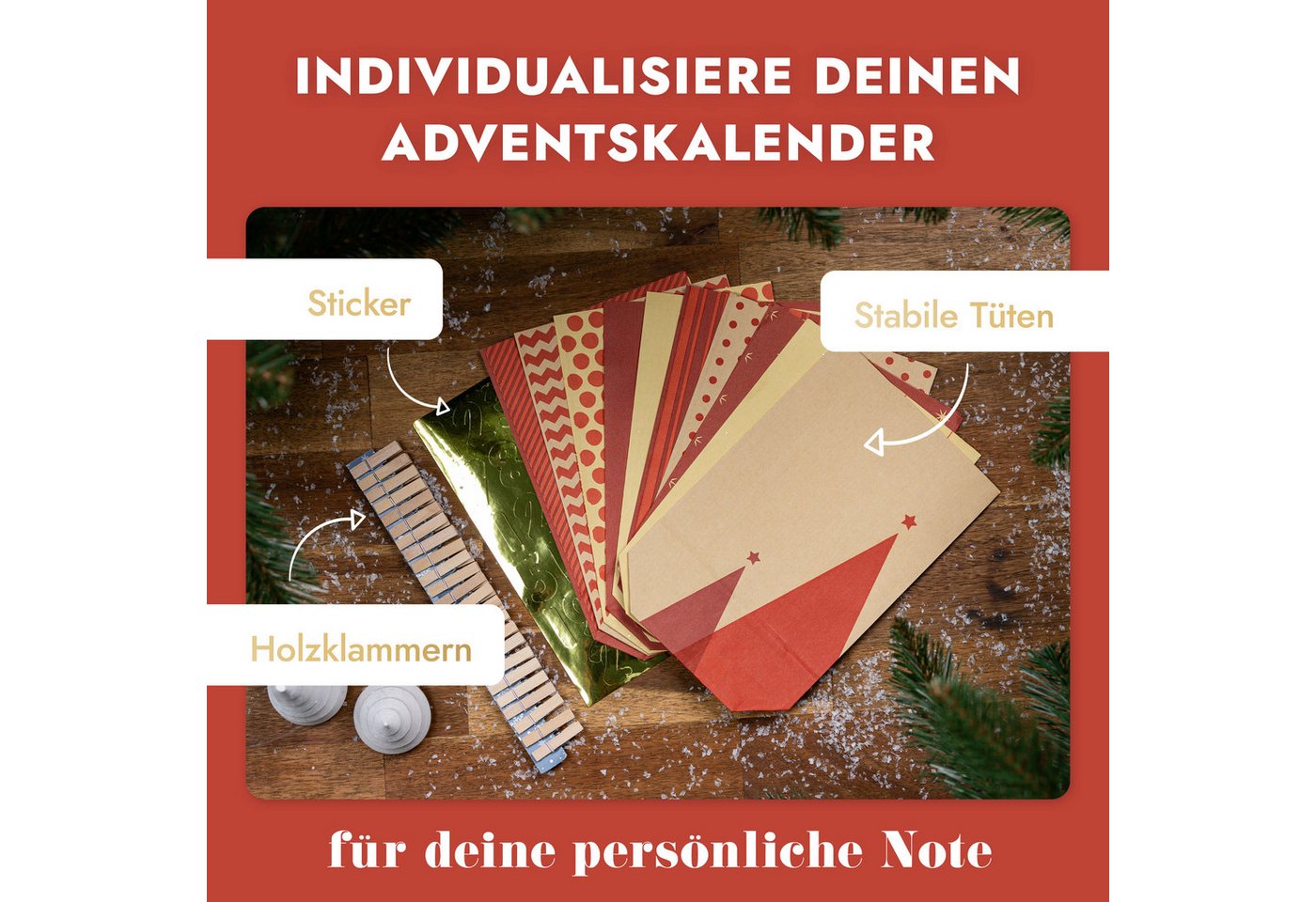 Amari befüllbarer Adventskalender Adventskalender zum Befüllen 2026, 24 Papiertüten 14×22 cm mit Zahlen (DIY Set, 72-tlg), Designs für Kinder & Erwachsene, wiederverwendbar, Ideen zum Befüllen Bild 2