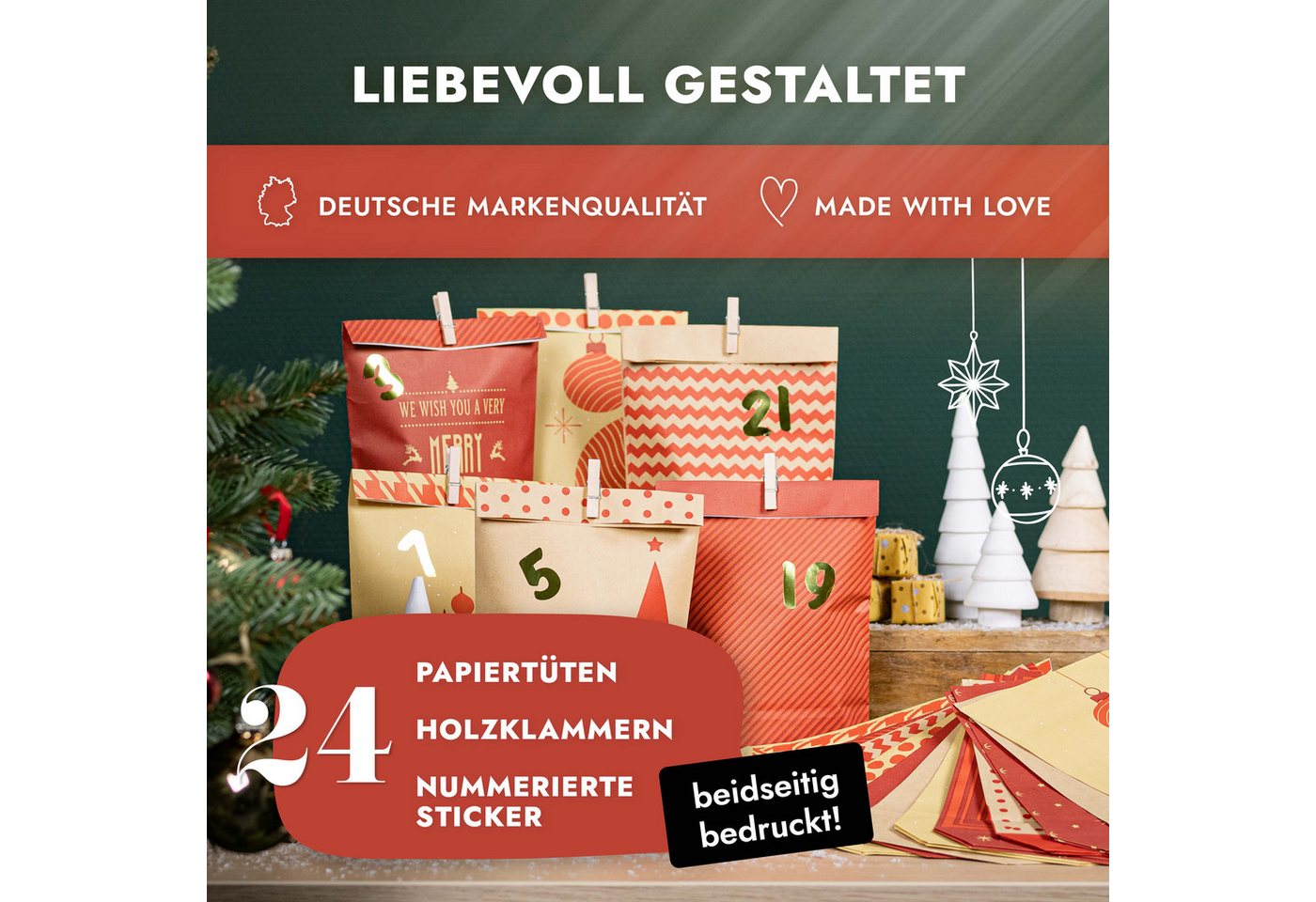 Amari befüllbarer Adventskalender Adventskalender zum Befüllen 2026, 24 Papiertüten 14×22 cm mit Zahlen (DIY Set, 72-tlg), Designs für Kinder & Erwachsene, wiederverwendbar, Ideen zum Befüllen Bild 3