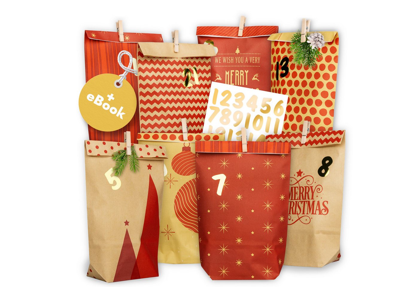 Amari befüllbarer Adventskalender Adventskalender zum Befüllen 2026, 24 Papiertüten 14×22 cm mit Zahlen (DIY Set, 72-tlg), Designs für Kinder & Erwachsene, wiederverwendbar, Ideen zum Befüllen Bild 4