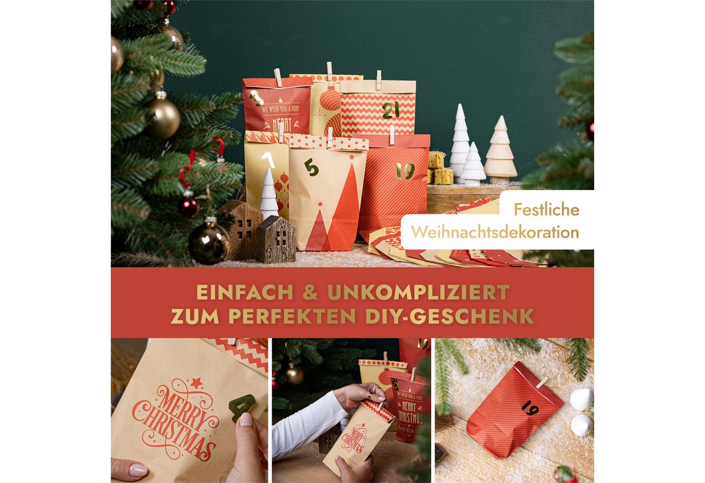 Amari befüllbarer Adventskalender Adventskalender zum Befüllen 2026, 24 Papiertüten 14×22 cm mit Zahlen (DIY Set, 72-tlg), Designs für Kinder & Erwachsene, wiederverwendbar, Ideen zum Befüllen Bild 5