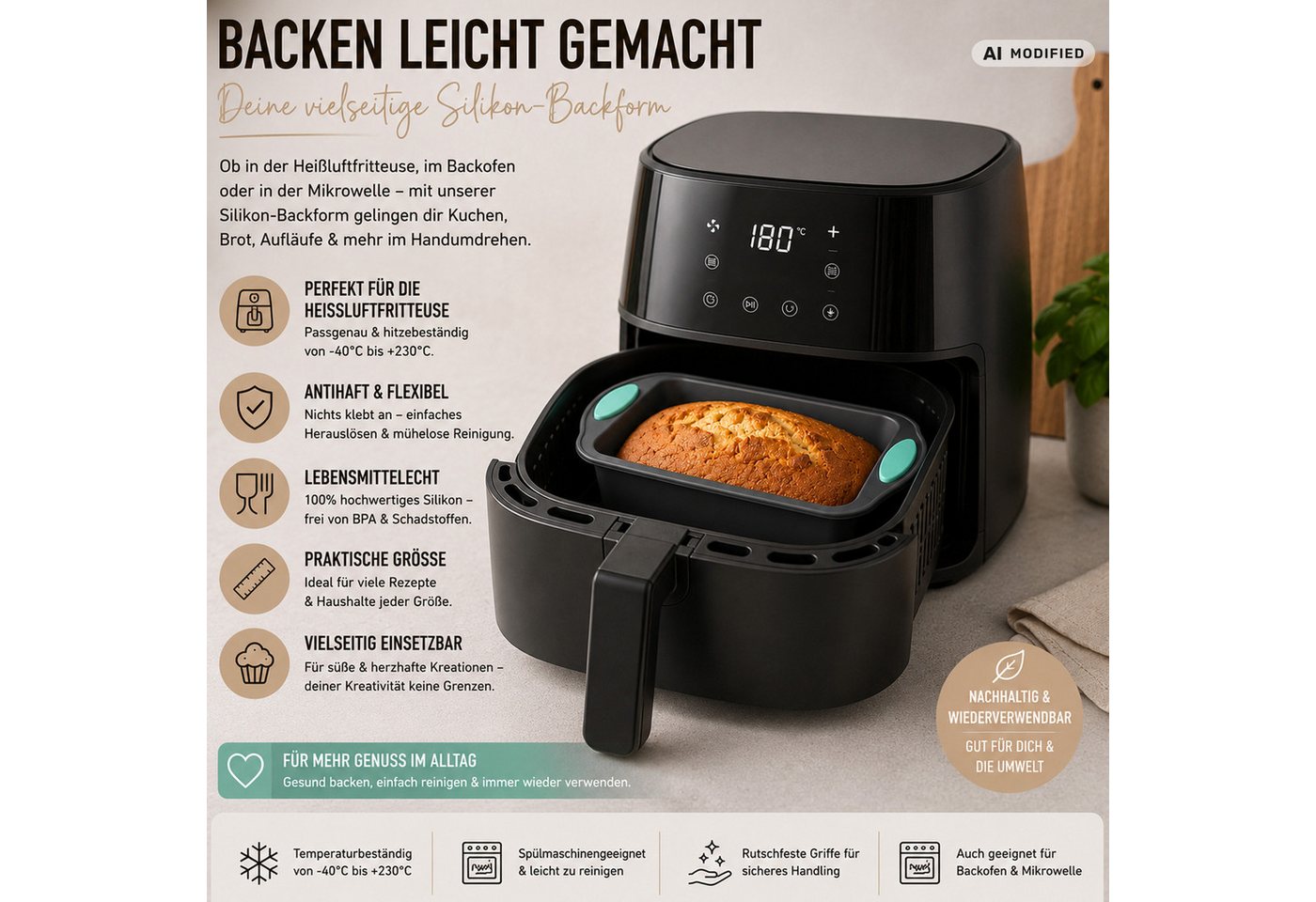 Bestlivings Silikonform AirFryer Backform, (1-tlg), Silikonform 20x10x5,5cm, BPA-frei - wiederverwendbar, lebensmittelecht Bild 2