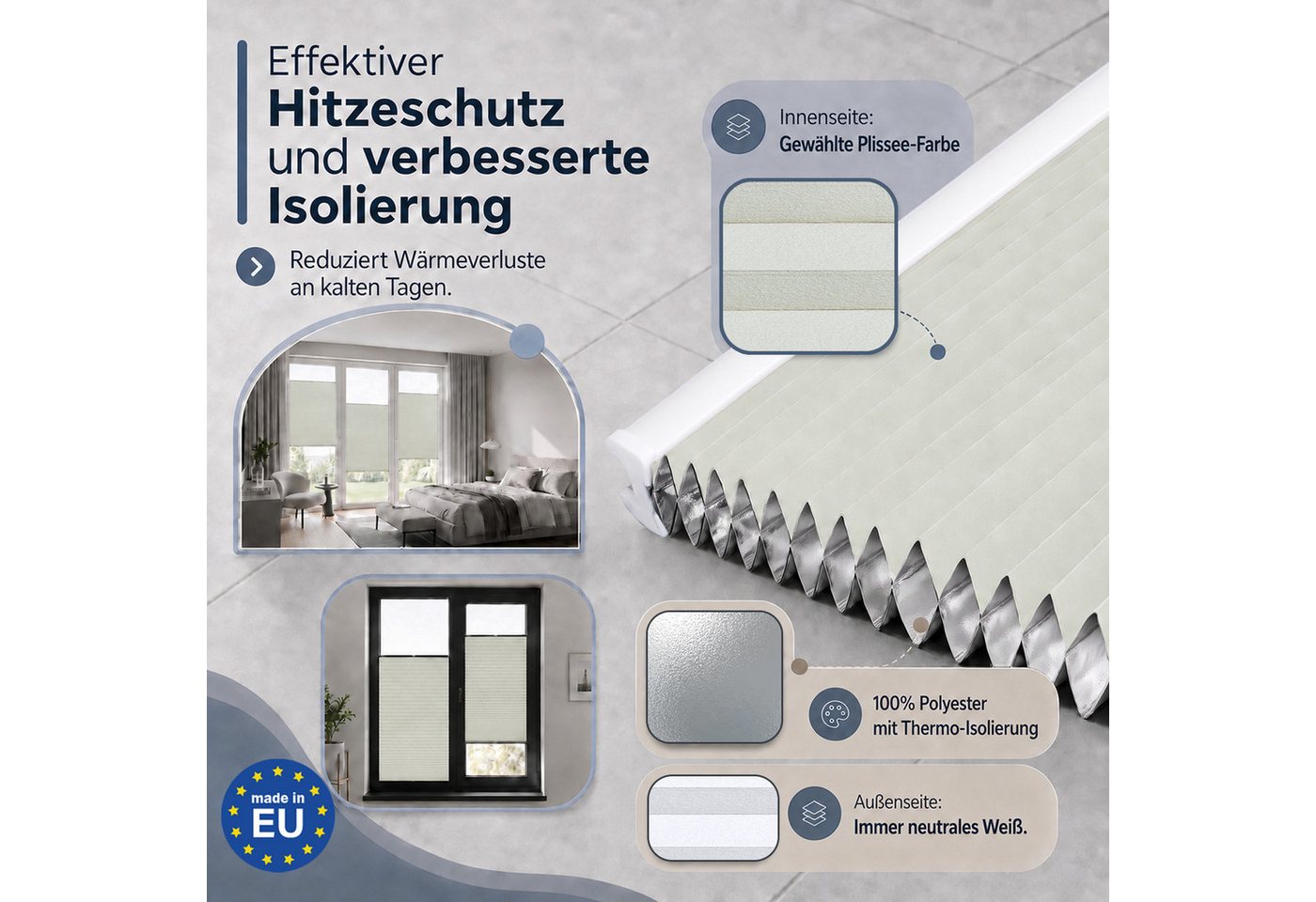 Rikmani Plissee Thermo Fensterplissee ohne Bohren, Naturweiß, 40x130, verdunkelnd, Klemmfix, Langlebige Premium-Qualität, Thermo Plissee Bild 5