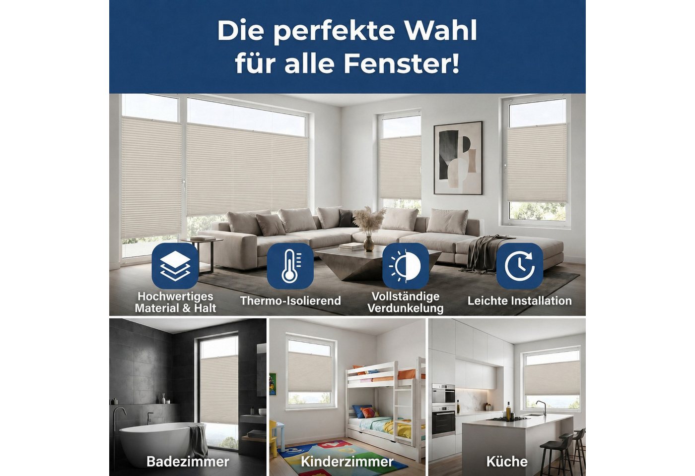 Rikmani Plissee Thermo Fensterplissee ohne Bohren, Champagner, 40x120, verdunkelnd, Klemmfix, Langlebige Premium-Qualität, Thermo Plissee