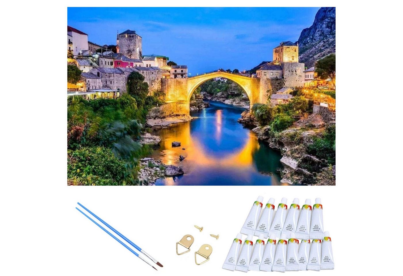 Realb2b Malen nach Zahlen XL Flussbrücke Malset – Kreatives Malen nach Zahlen mit Rahmen 40x50cm (Komplettes Malset: Kreatives Malen nach Zahlen mit Rahmen und Farben, Malen nach Zahlen Set: Leinwand 40x50cm, Acrylfarben, Pinsel, Rahmen), Flussbrücke Malset: Hochwertige Leinwand 40x50cm Acrylfarben & Rahmen