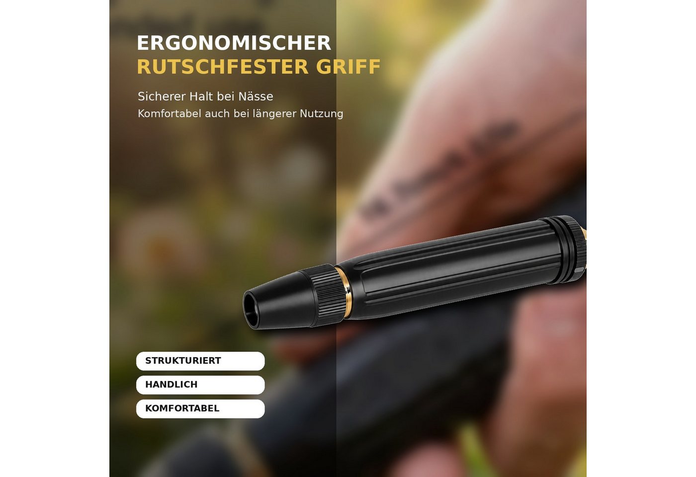 Fyrove Bewässerungsbrause Metall‑Gartenspritzpistole, rostfest, ergonomischer rutschfester Griff, für Flächen bis 25 m², (Set, Lieferumfang: 1 Stück Hochdruck-Gartenschlauchdüse mit Zubehörteil), 360° drehbarer Düsenkopf, rostfreie Metallkonstruktion Bild 3
