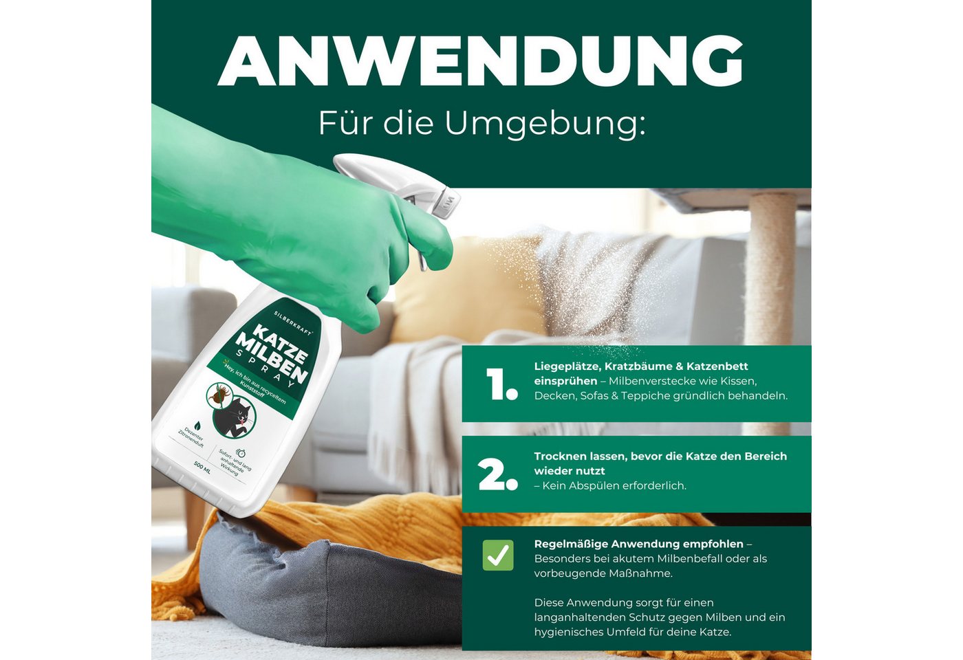 Silberkraft Insektenspray Silberkraft Milbenspray Katzen, gegen Grabmilben & Herbstgrasmilben, 2000 ml, 1-St., Anti-Milben-Mittel für Katzenfell, Schlafplätze und Umgebung Bild 4