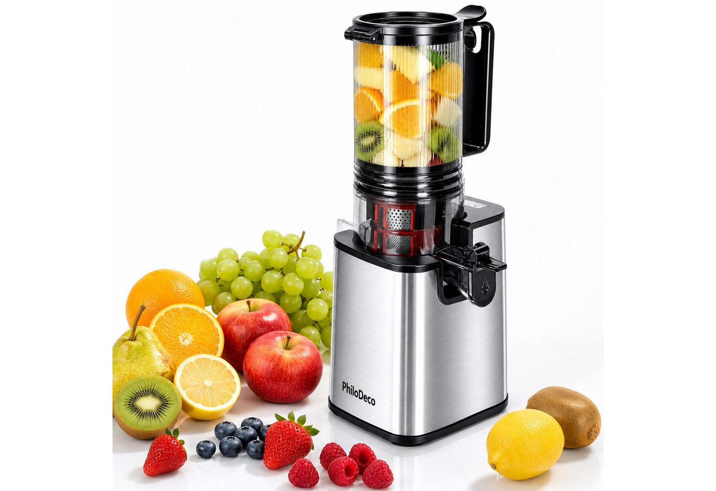 WHEELYOU Slow Juicer Entsafter mit 110-mm-XXL-Öffnung für ganze Früchte und Gemüse, 250 W, Kaltpress-Saftpresse mit Doppelsieb, 40 Nm und Rückwärtslauf