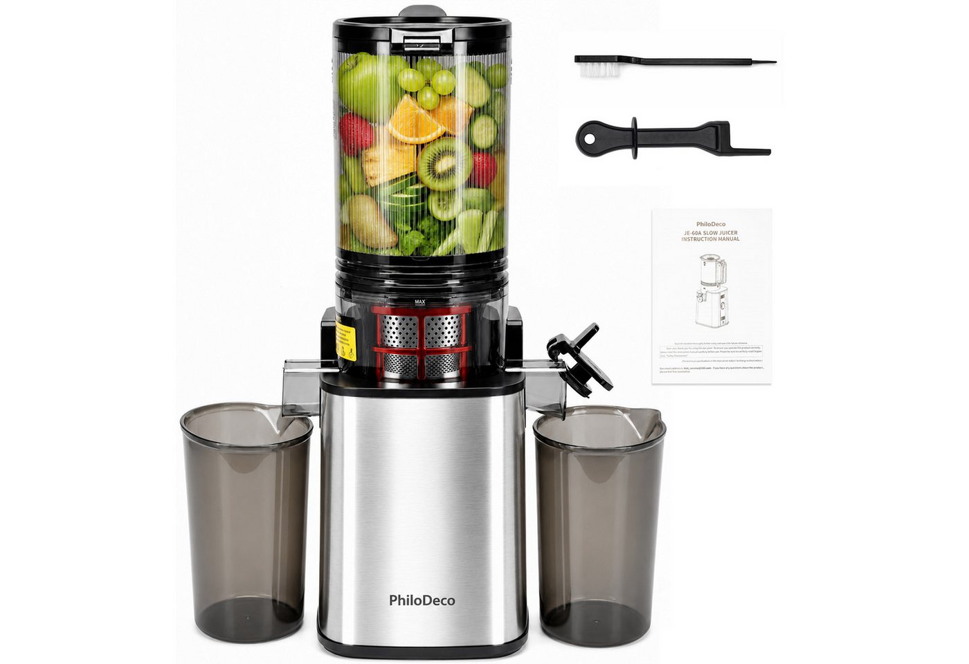 WHEELYOU Slow Juicer Entsafter mit 110-mm-XXL-Öffnung für ganze Früchte und Gemüse, 250 W, Kaltpress-Saftpresse mit Doppelsieb, 40 Nm und Rückwärtslauf Bild 2